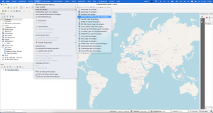 Screenshot aus QGIS, der eine Weltkarte zeigt und die im Text beschriebenen Menüs in ausgeklappter Form.