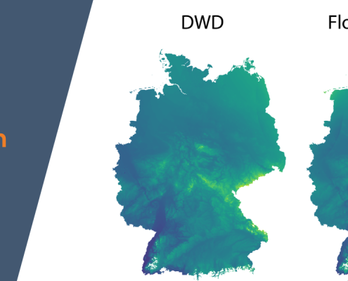Blog-Banner, welches den Text "Neue Publikation verfügbar" enthält und blau-grüne Interpolationskarten von Deutschland, beschriftet mit "DWD" und "Flora Incognita". Die Karten sehen sich sehr ähnlich.